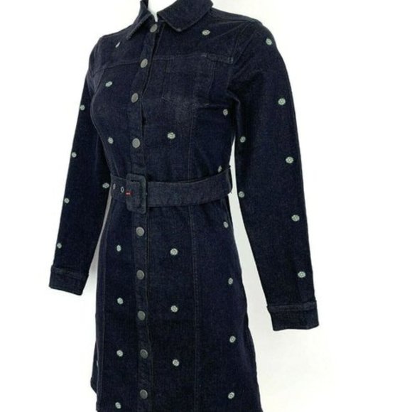Ted Baker Embroidered Dark Wash Denim Belted Dress NWT - Picture 2 of 7